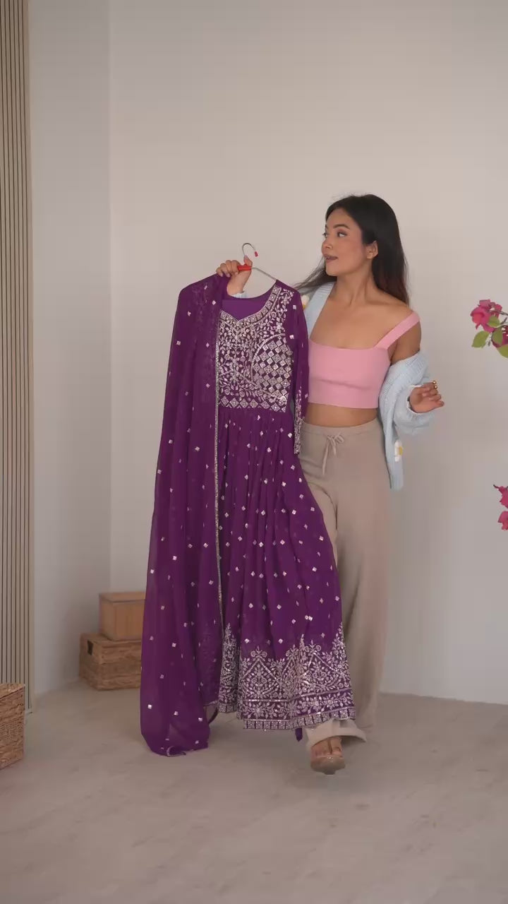 Purple Faux Georgette Designer Anarkali Suit with Embroidered Dupatta & Pant | Ready to Wear