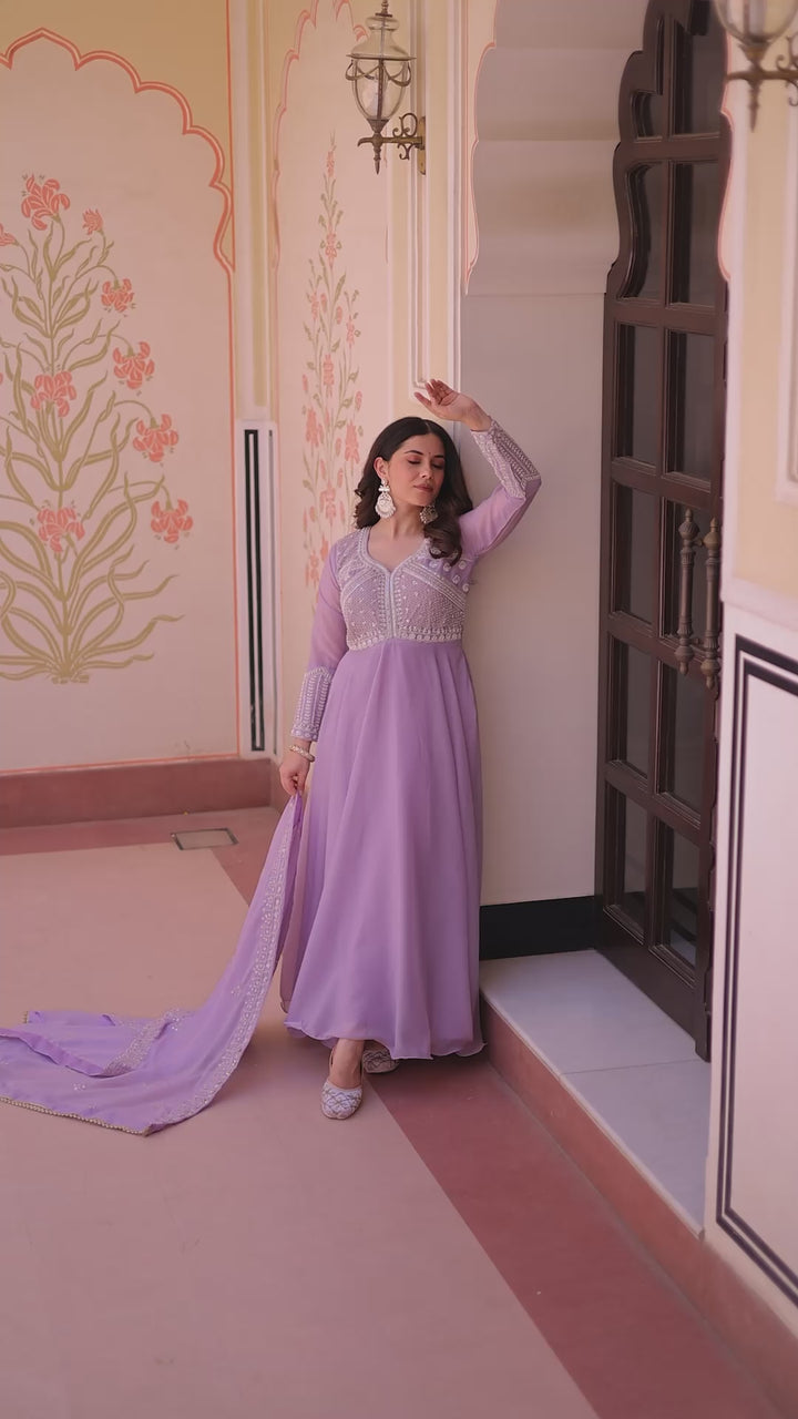 Lavender Embroidered Georgette Gown with Dupatta | Party & Festive Wear