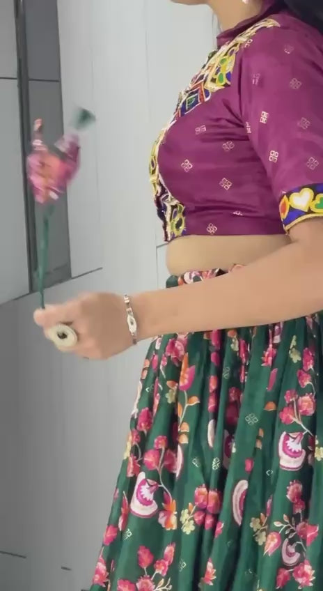Women's Soft Silk Floral Printed Lehenga Set with Gamthi Work, Real Mirror & Foil Work | Festive & Navratri Wear