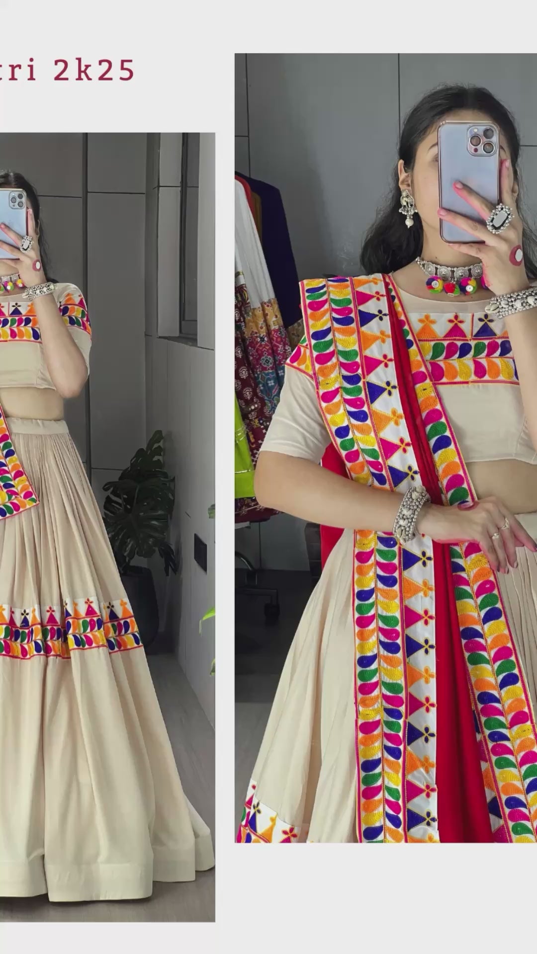 Cream Rayon Cotton Navratri Chaniya Choli with Gamthi Work & Red Kutchi Dupatta | Designer Garba Lehenga Set