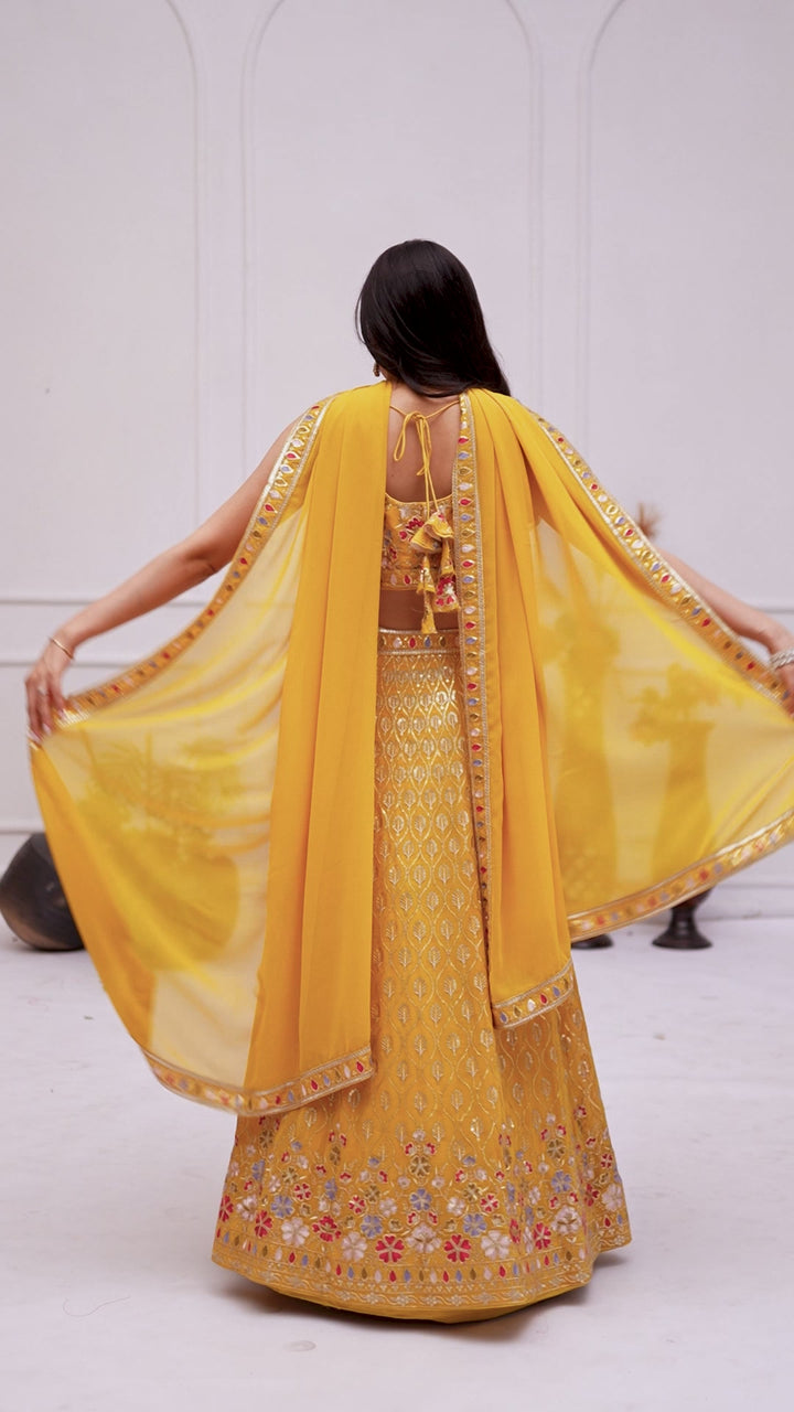 Yellow Fox Georgette Embroidered Lehenga Choli with Dupatta