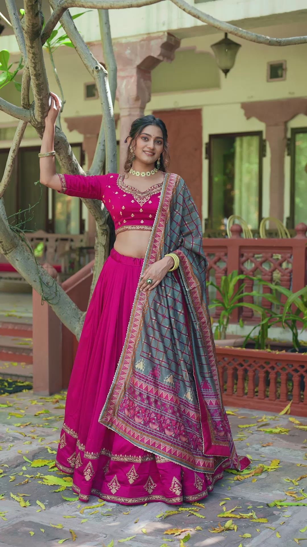Rani Pink Designer Vichitra Silk Lehenga Choli with Sequins Thread Embroidery & Foil Print Dupatta