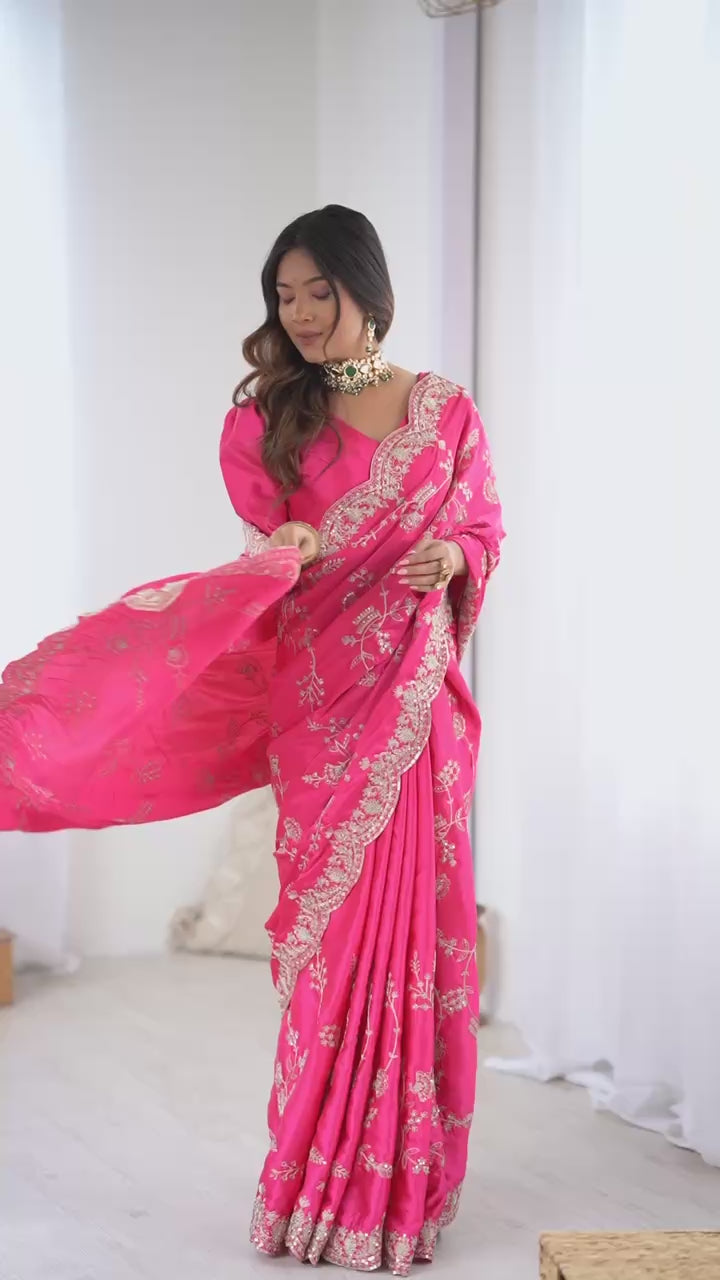Hot Pink Japan Satin Silk Saree with Sequins Embroidery Work