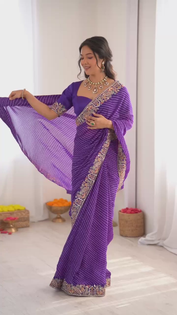 Purple Faux Georgette Bandhani Saree with Thread & Sequins Embroidery Blouse