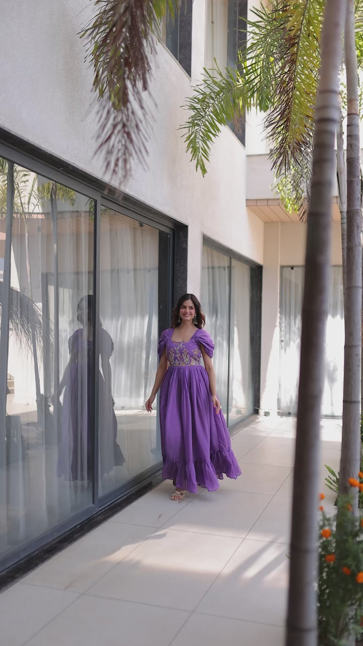 Lavender Mal Chanderi Designer Gown with Beads Embroidery | Ready to Wear Party Gown