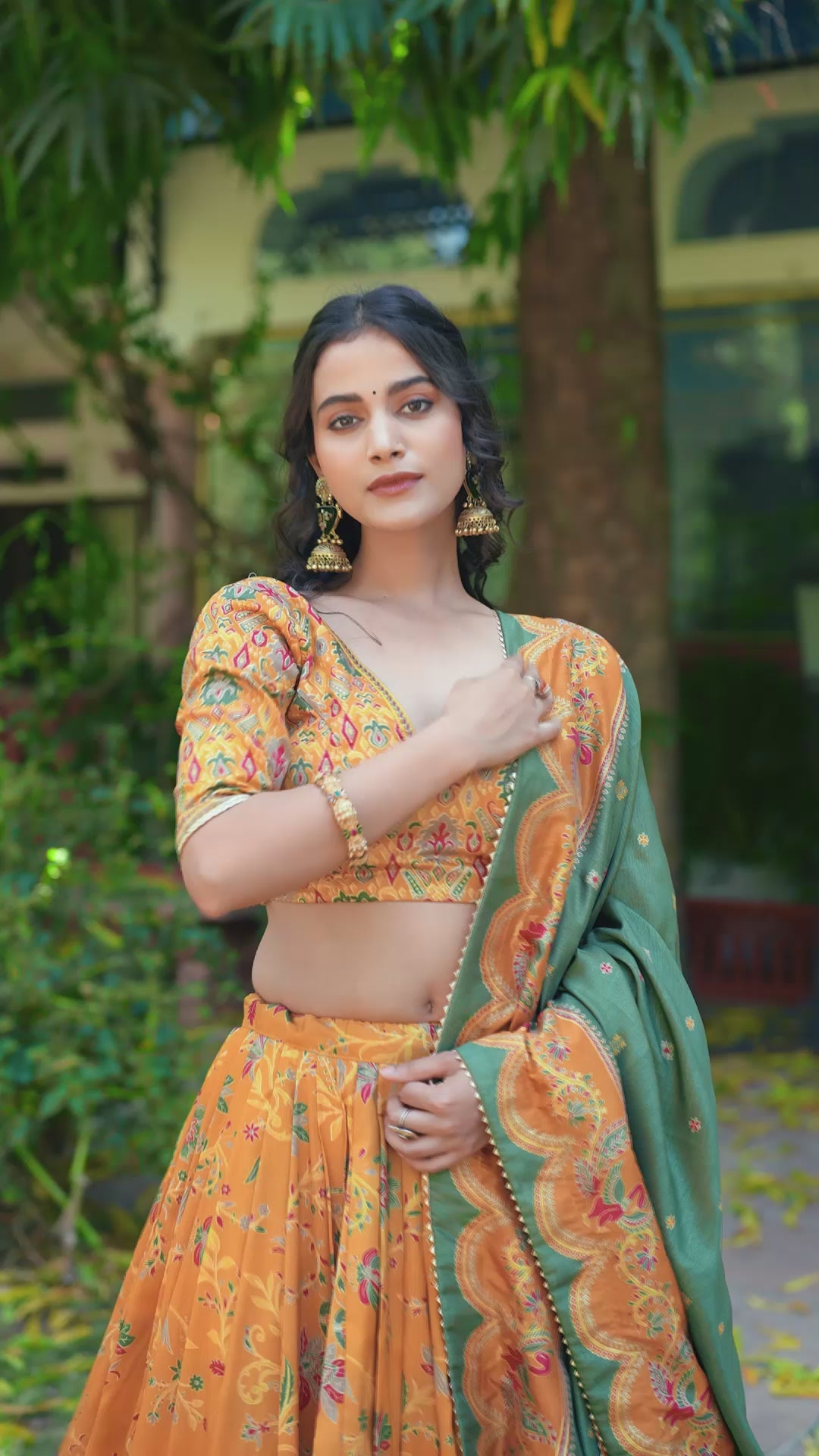 Mustard Designer Tasar Silk Floral Printed Lehenga Choli with Green Dupatta & Gotta Patti Border