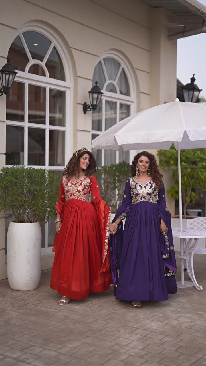 Royal Blue Pure Vichitra Festival Gown with Heavy Cording Sequence Embroidery & Dupatta