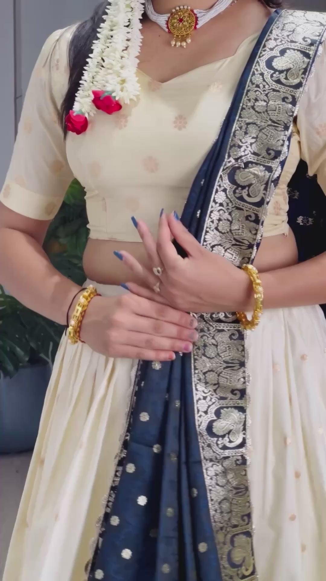 Cream Paithani Silk Lehenga Choli with Contrast Blue Zari Woven Dupatta