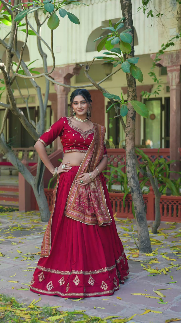 Maroon Designer Vichitra Silk Lehenga Choli with Sequins Thread Embroidery & Foil Print Dupatta