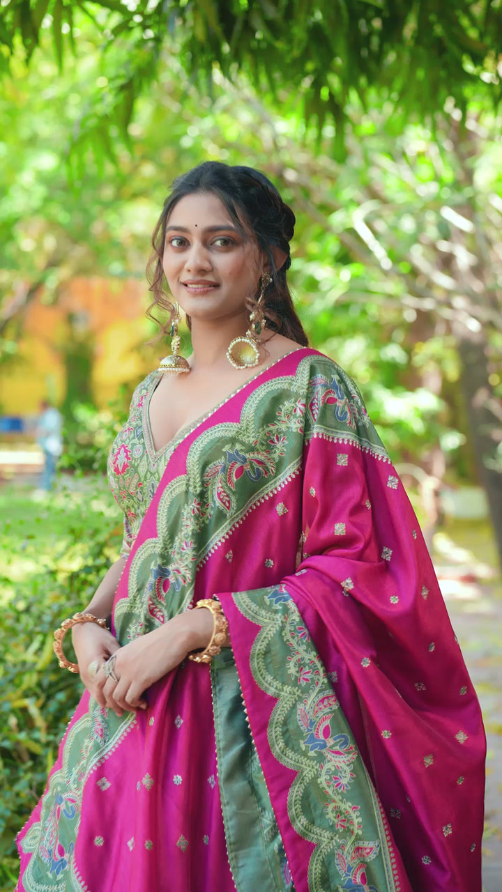 Olive Green Designer Tasar Silk Lehenga Choli with Gilded Foil Print & Gotta Patti Dupatta