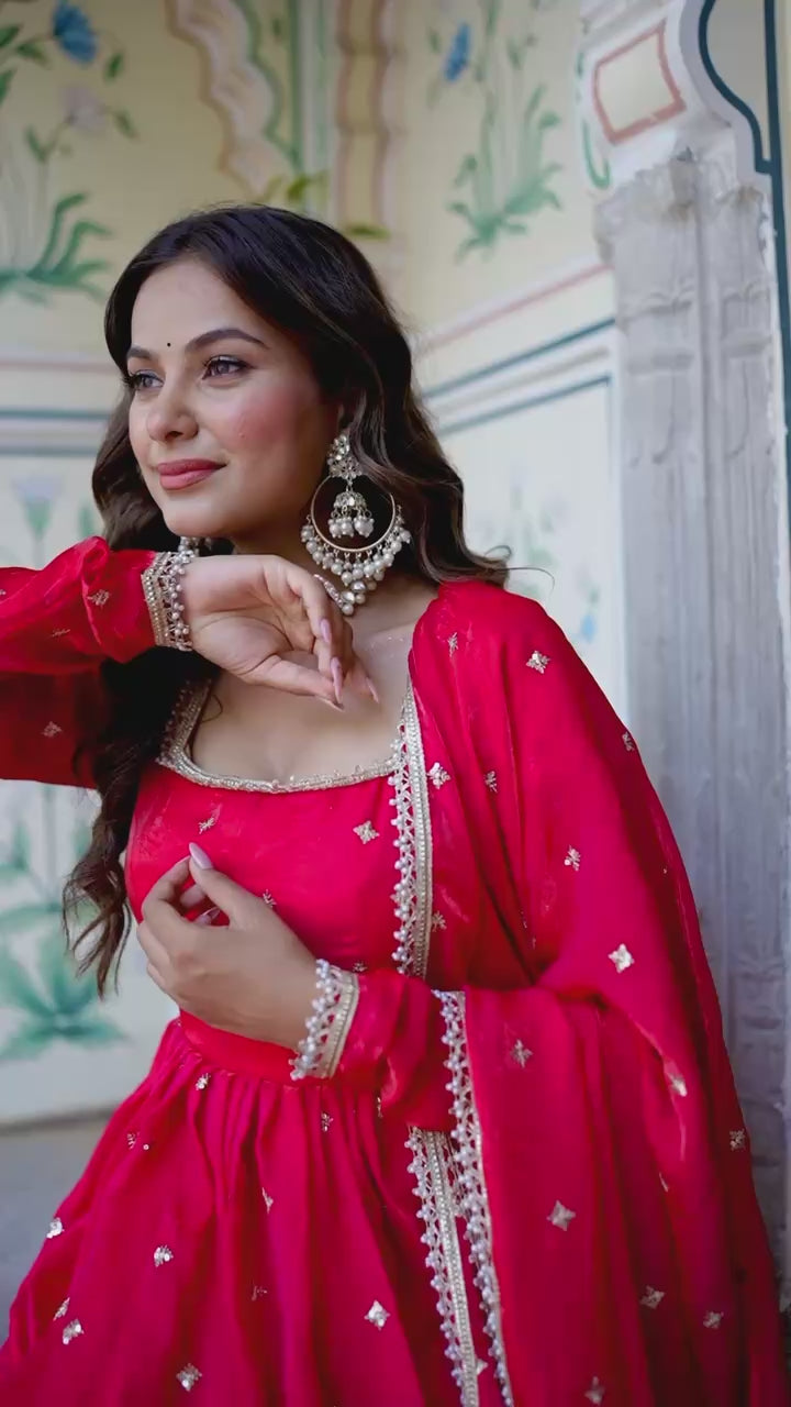 Ruby Red Embroidered Fendi Silk Suit Set with Dupatta | Festive Wear