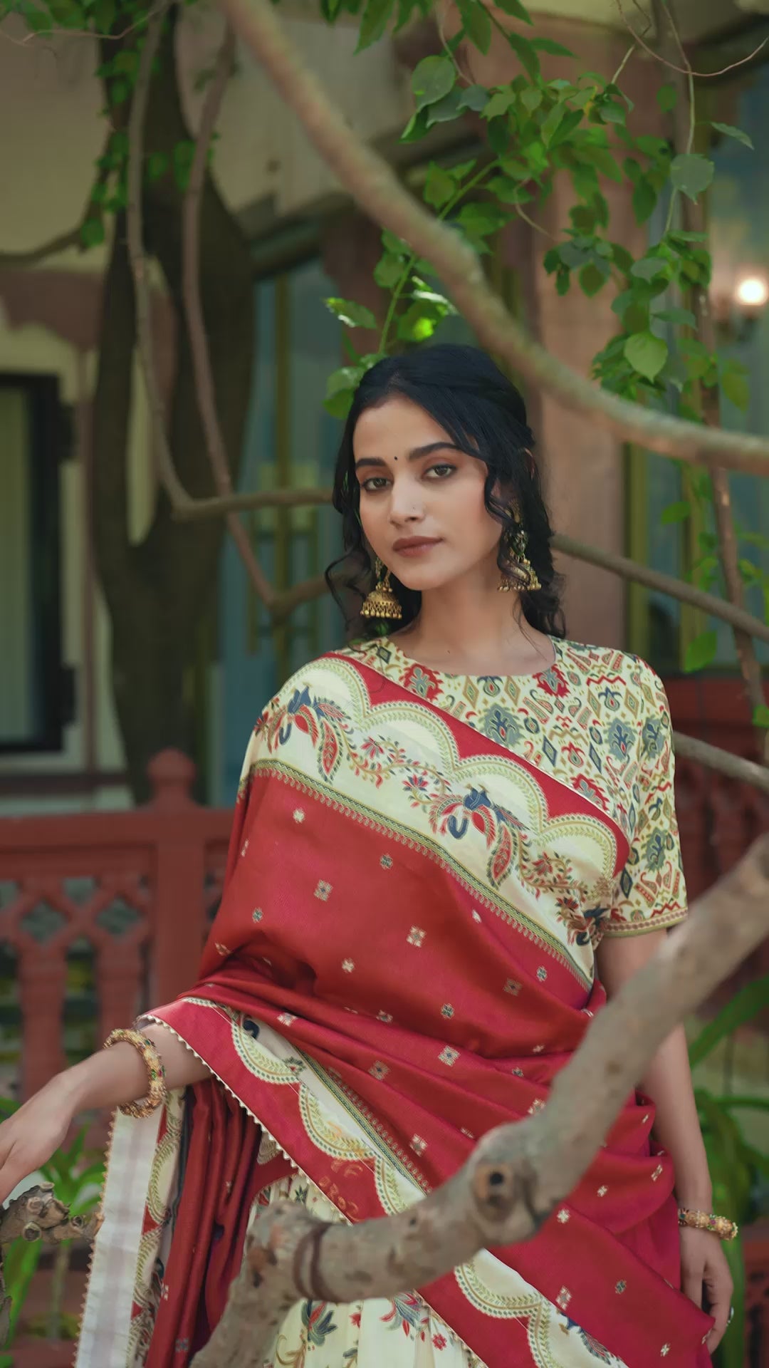Ivory Floral Tasar Silk Lehenga Choli with Maroon Printed Dupatta & Gotta Patti Border