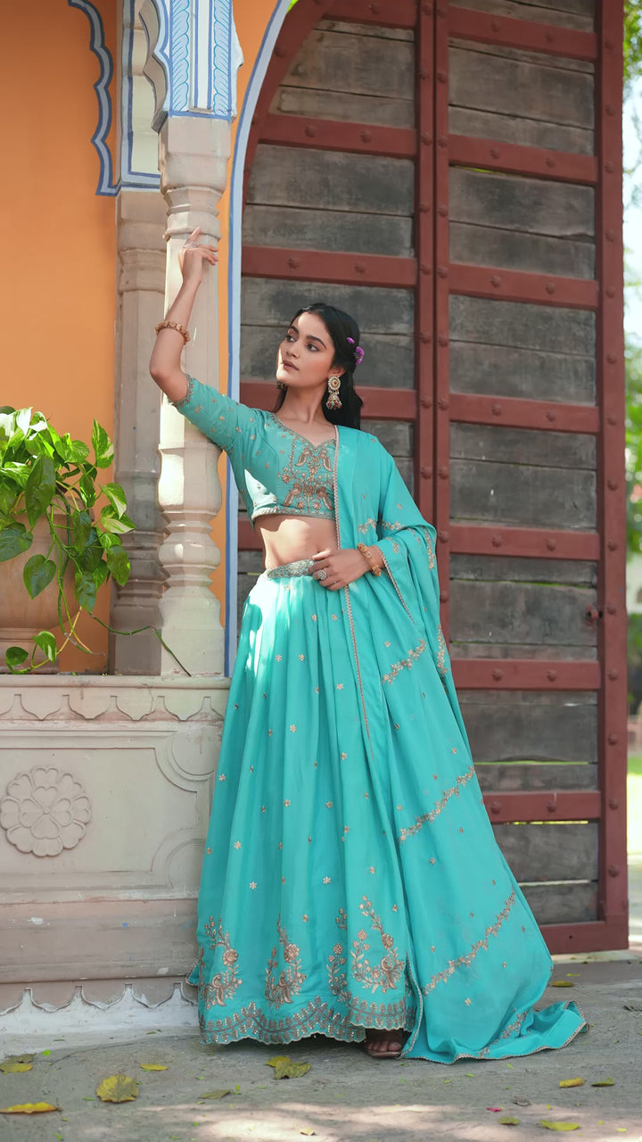 Sea Green Star Georgette Designer Lehenga Choli with Zari, Sequins & Resham Embroidery