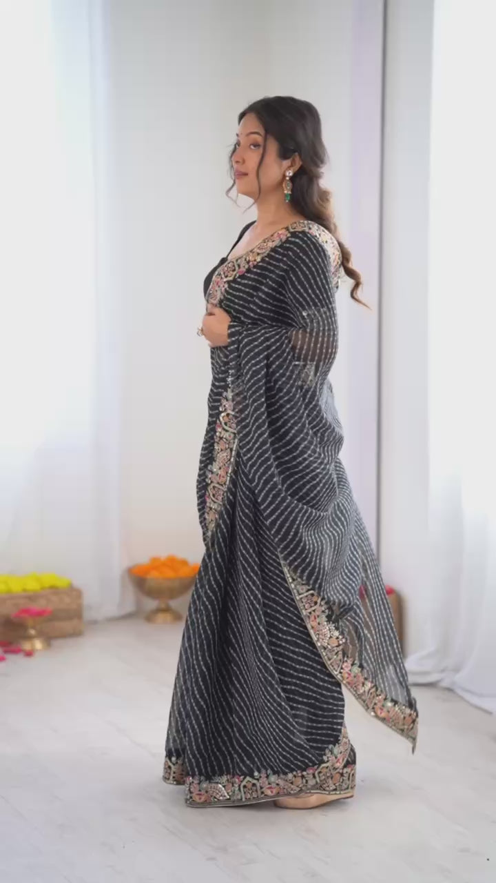 Black Faux Georgette Saree with Thread & Sequins Embroidery Border
