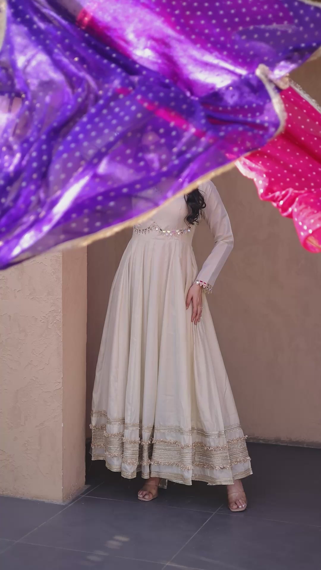 Off White Cosmos Designer Gown with Real Mirror Work & Royal Purple Moss Butti Dupatta for Women