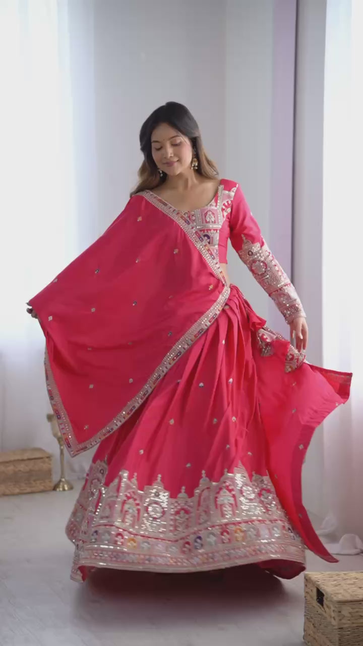 Rani Pink Crepe Silk Lehenga Choli with Dori Embroidery & Matching Dupatta