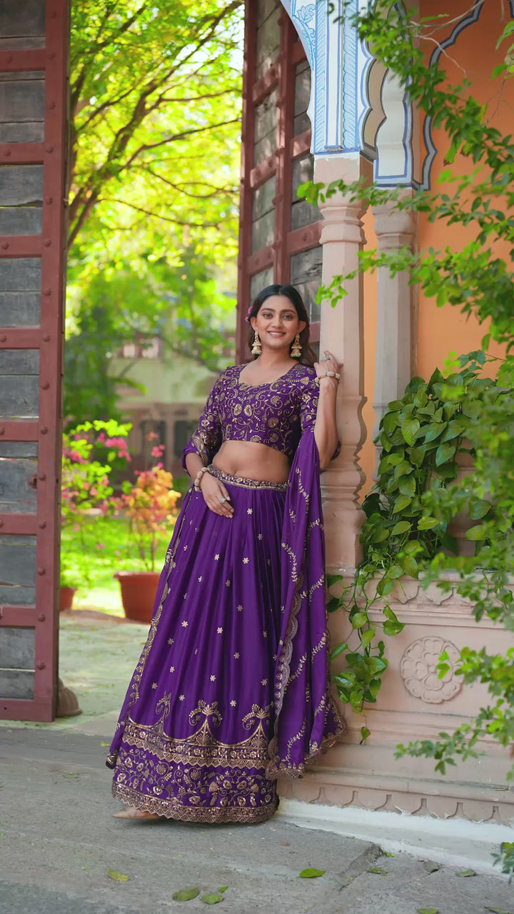 Royal Purple Star Georgette Designer Lehenga Choli with Zari, Sequins & Resham Embroidery