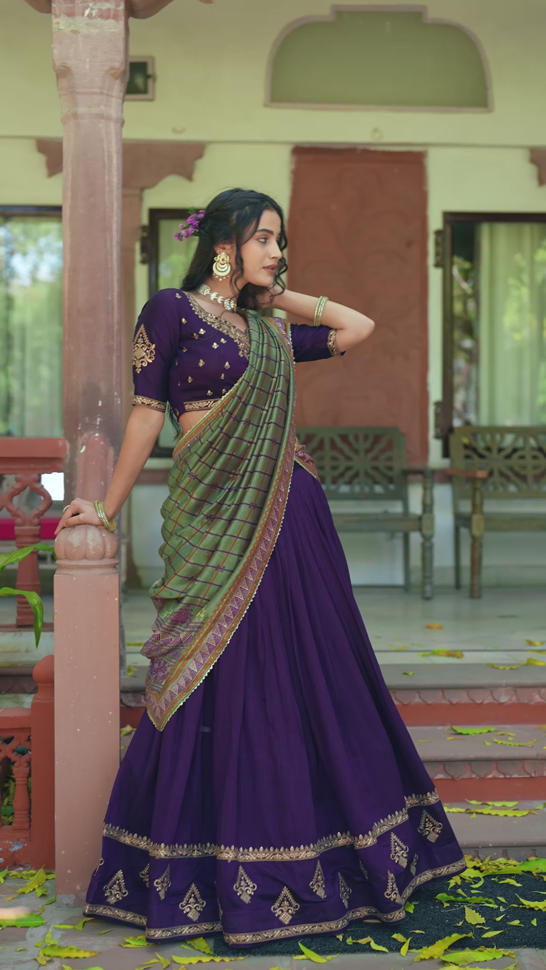 Deep Purple Designer Vichitra Silk Lehenga Choli with Sequins Thread Embroidery & Foil Print Dupatta