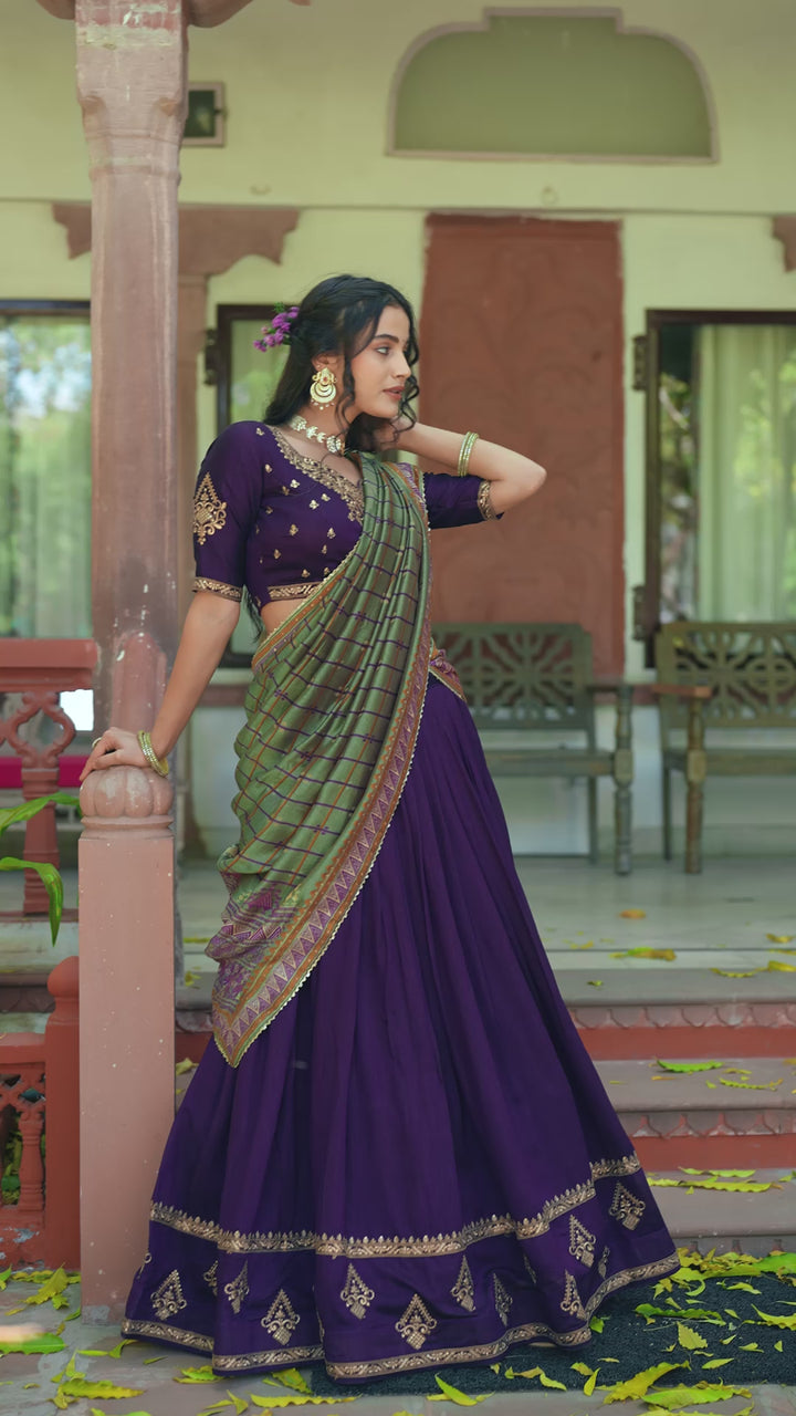 Deep Purple Designer Vichitra Silk Lehenga Choli with Sequins Thread Embroidery & Foil Print Dupatta