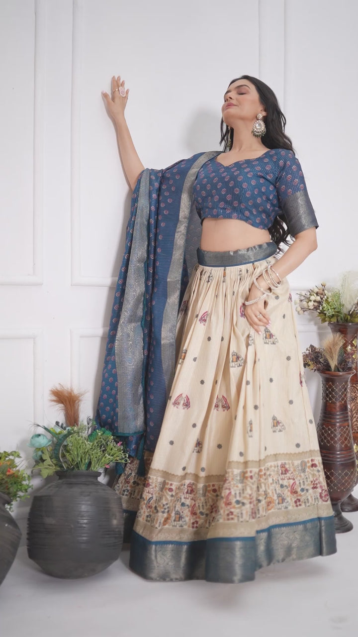 Cream & Teal Lichi Silk Jacquard Lehenga Choli with Designer Dupatta