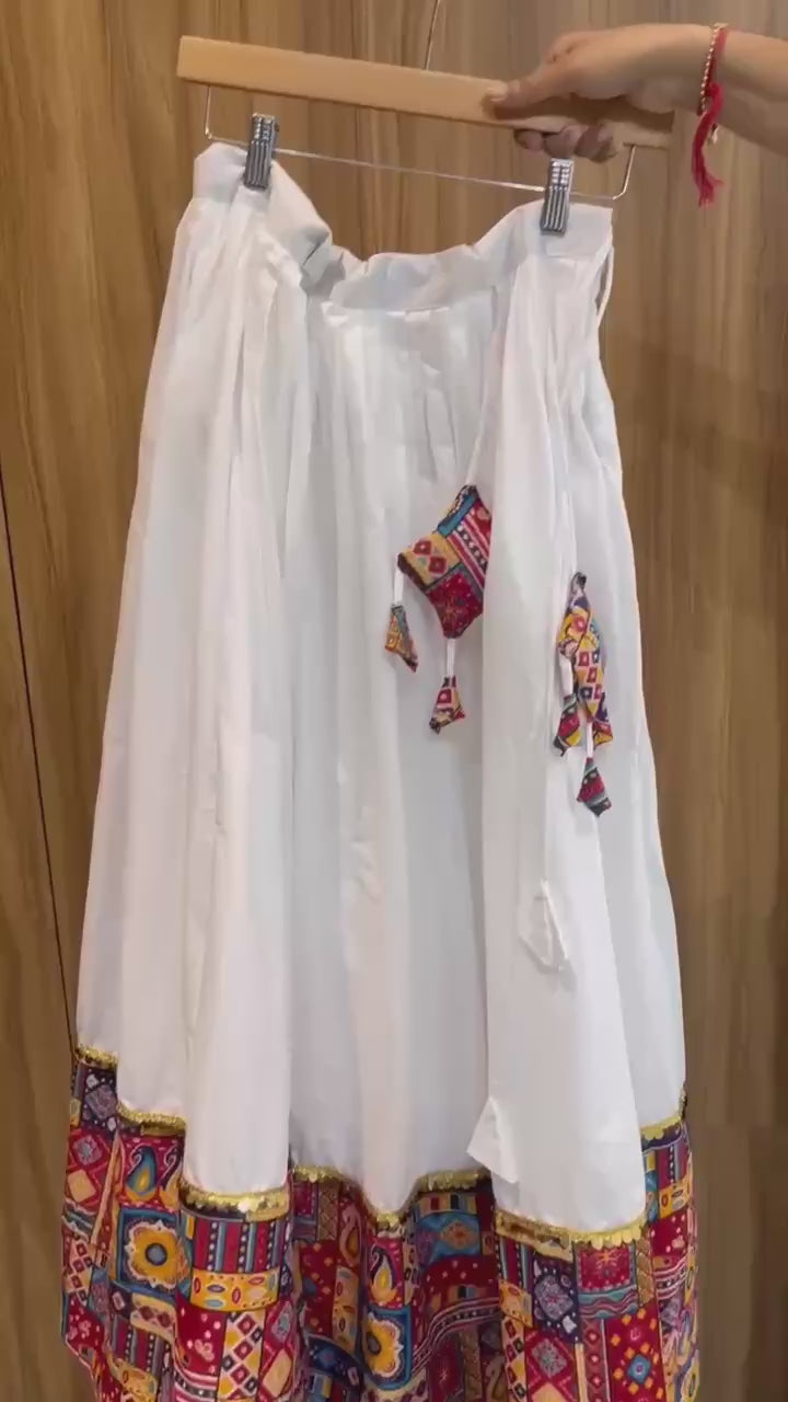 Women's White Rayon Cotton Chaniya Choli Set with Printed Dupatta | Fully Stitched Navratri Lehenga for Garba & Dandiya