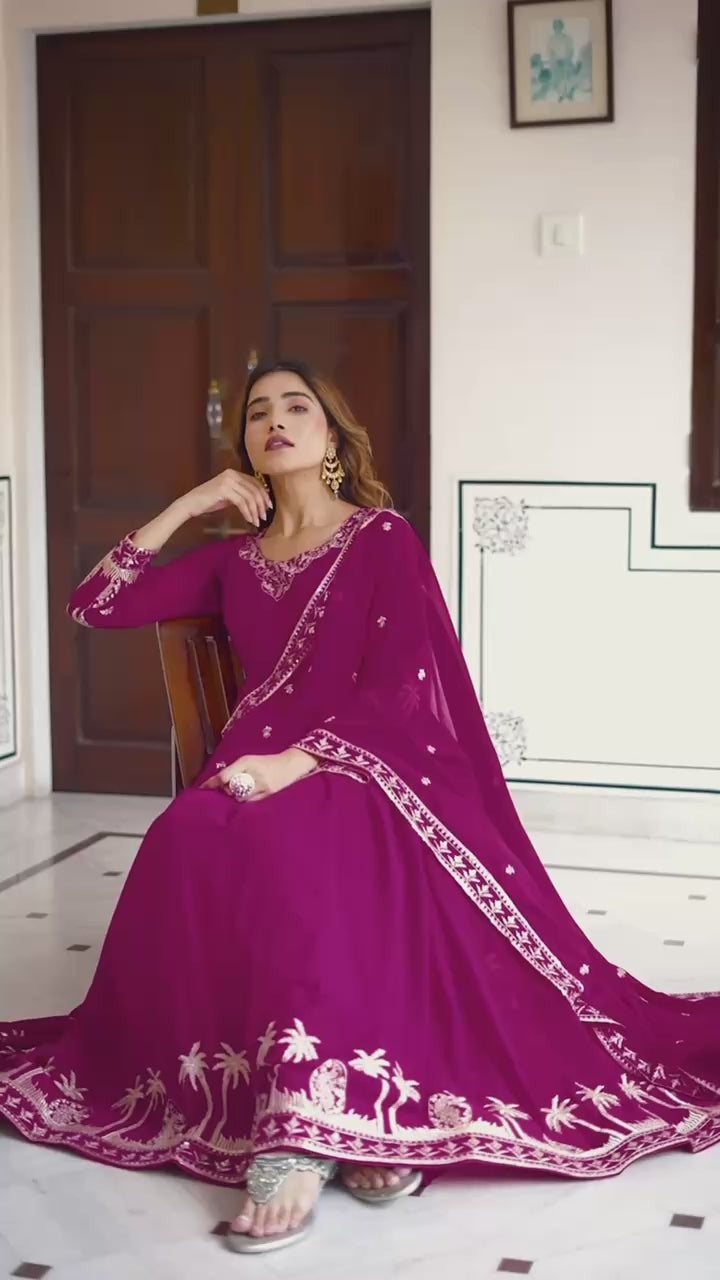 Magenta Faux Georgette Designer Embroidered Gown with Dupatta & Pant | Ready to Wear Ethnic Suit