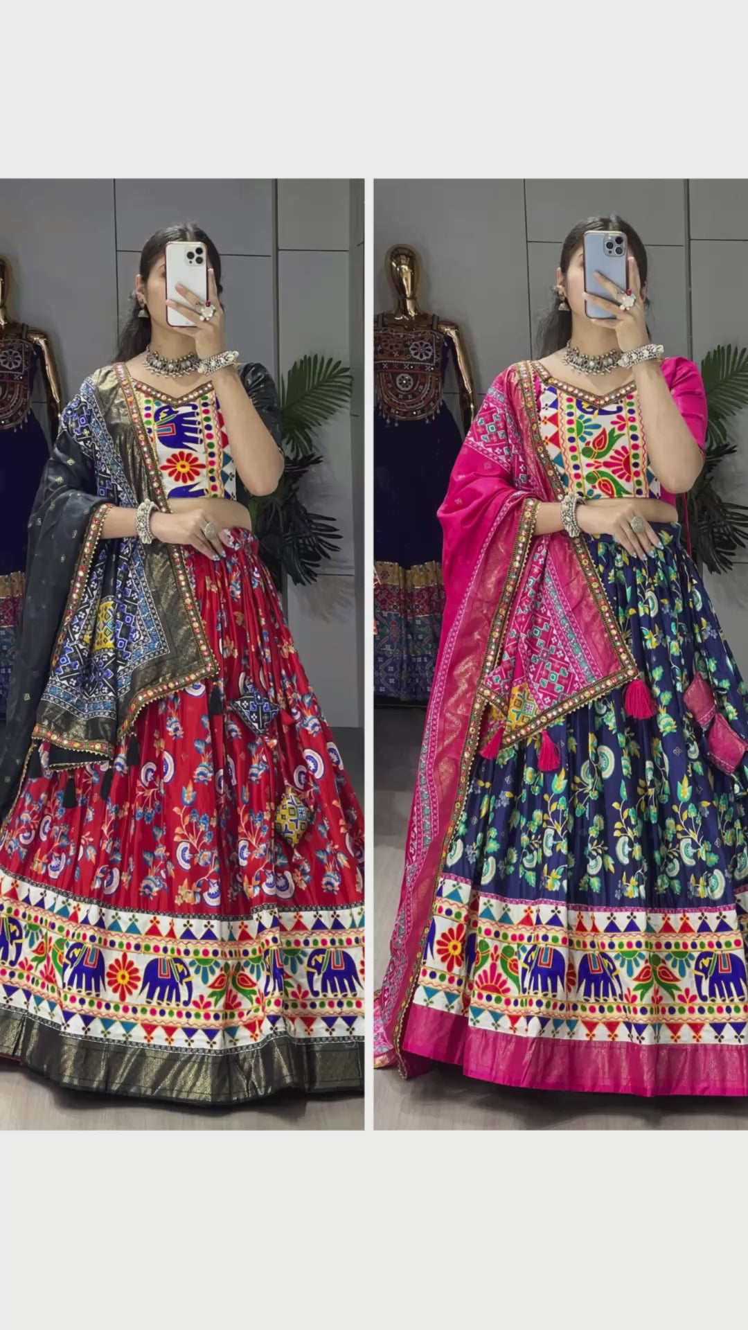 Women's Navy Blue Floral Dola Silk Lehenga Choli with Kutchi Work Border & Pink Designer Dupatta | Navratri, Garba & Festive Wear