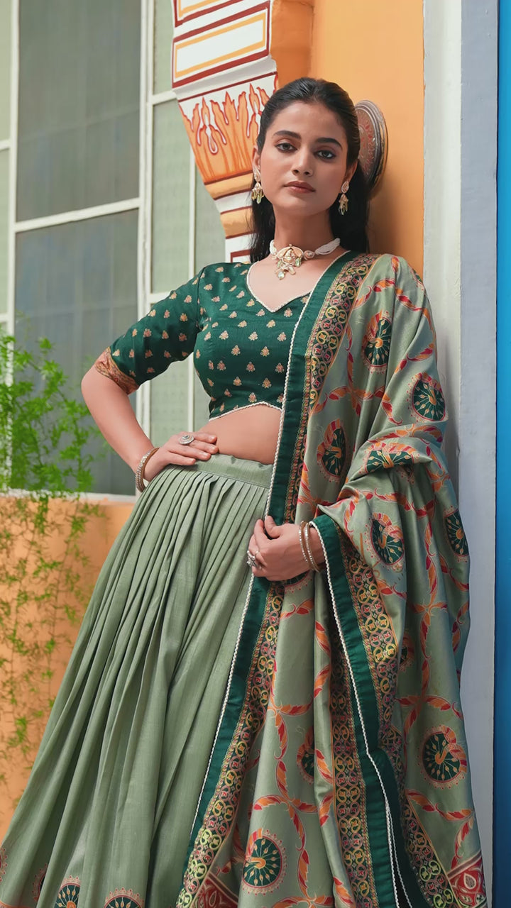 Green Tasar Silk Lehenga Choli with Printed Dupatta | Wedding & Festive Wear